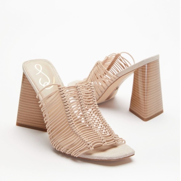 NWT SAM EDELMAN | CREAM LAURETTE WOVEN FAUX LEATHER SUMMER MULE HEELS | SIZE 8 - Picture 2 of 15